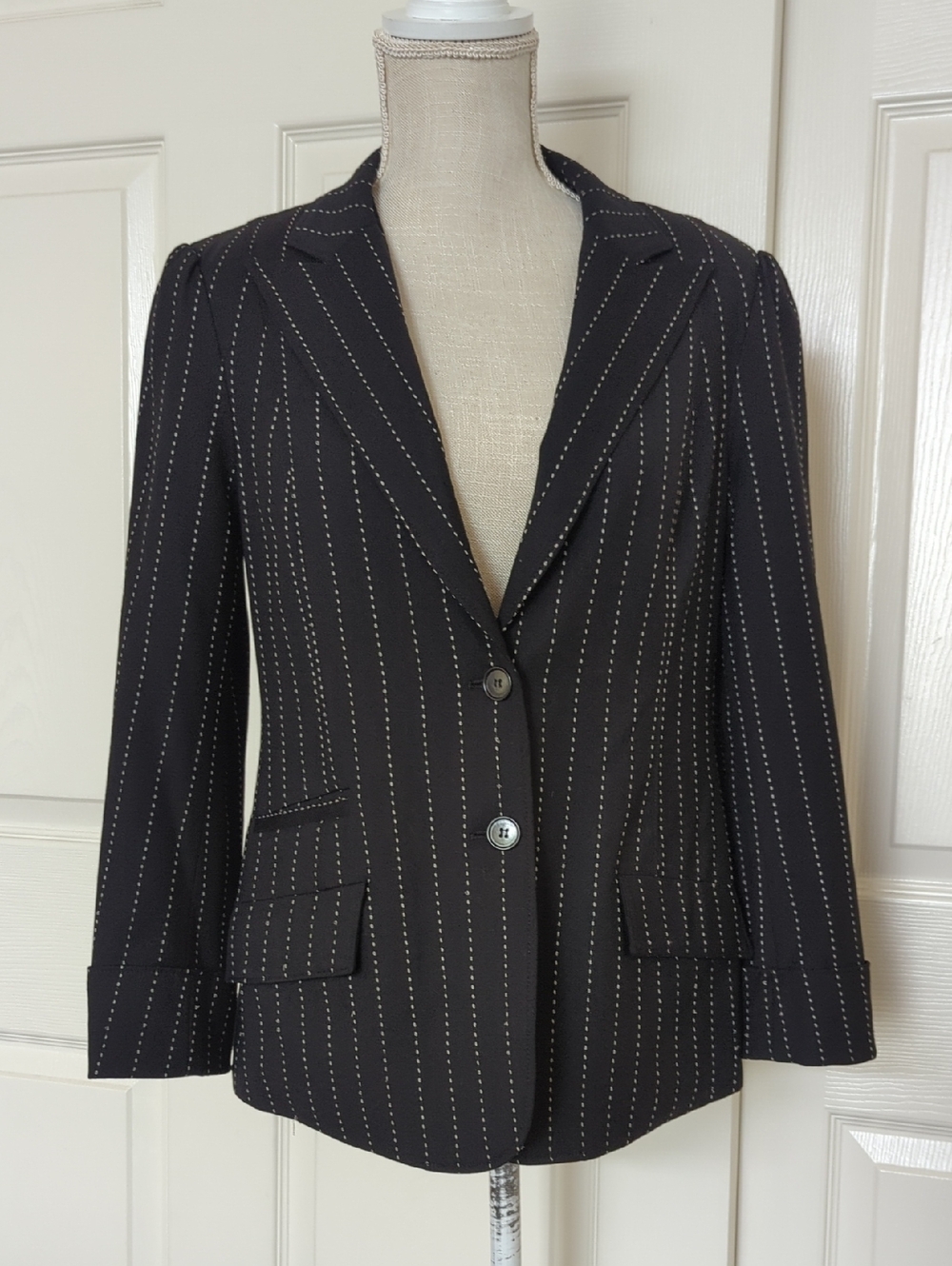 Alice + Olivia Black Pinstripe Wool Women's Blazer Jacket